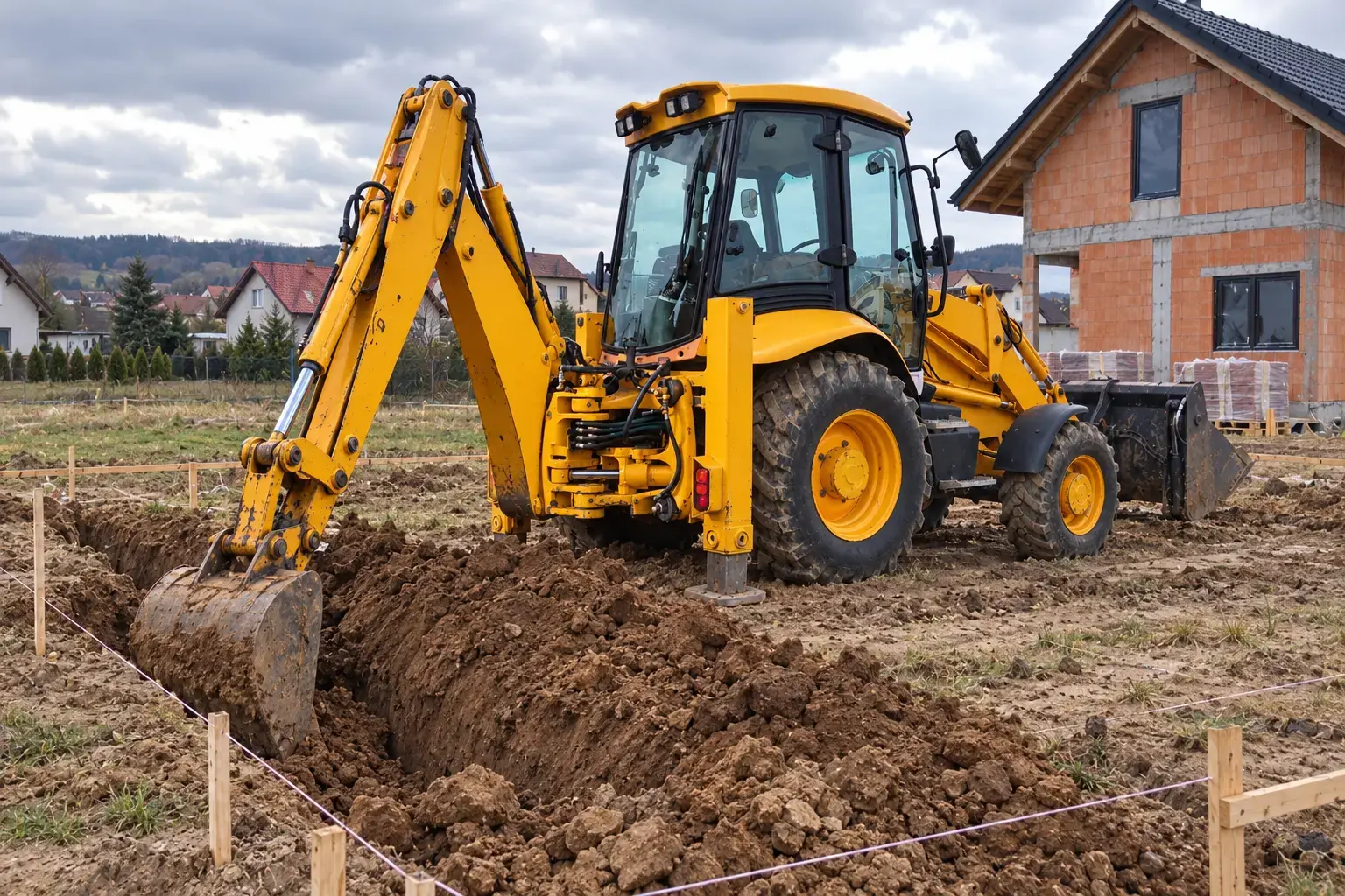 Żółta koparko-ładowarka JCB 3CX kopie wykop pod fundamenty domu na działce budowlanej